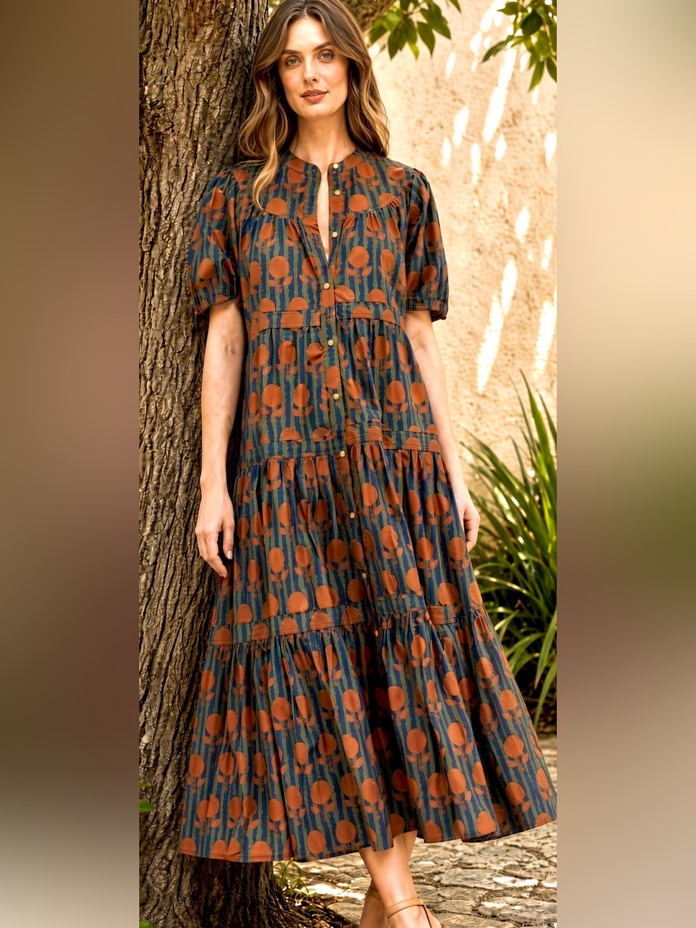 Oliphant Teal and Rust Printed Maxi Dress